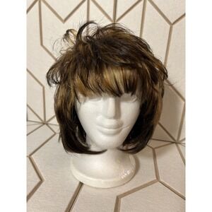 Midway Short Brown Blonde Highlight Wig Layered Bangs Synthetic Natural Look